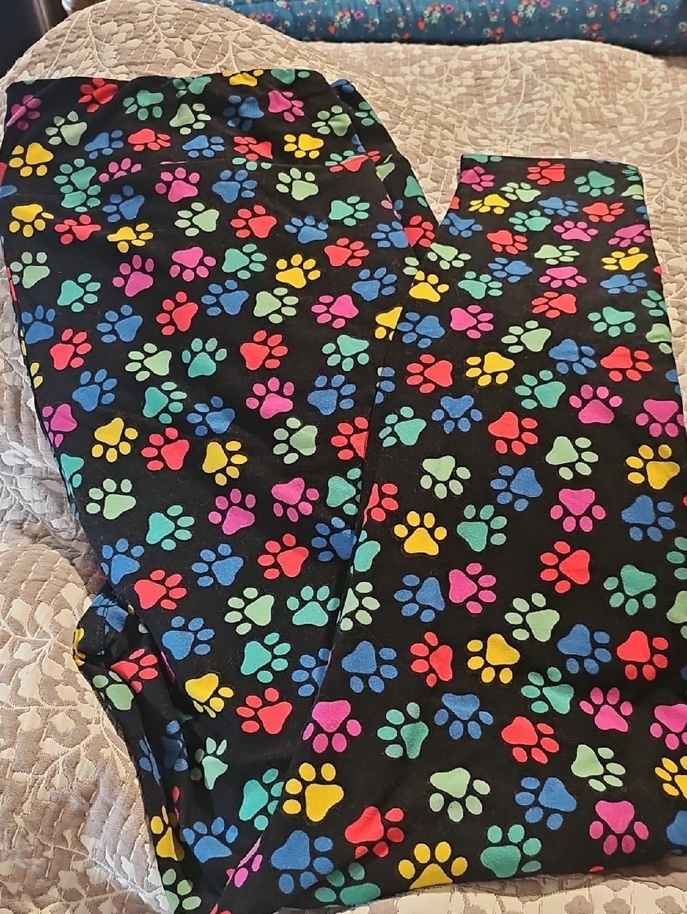 LuLaRoe Black Leggings with Multicolor Paw Prints